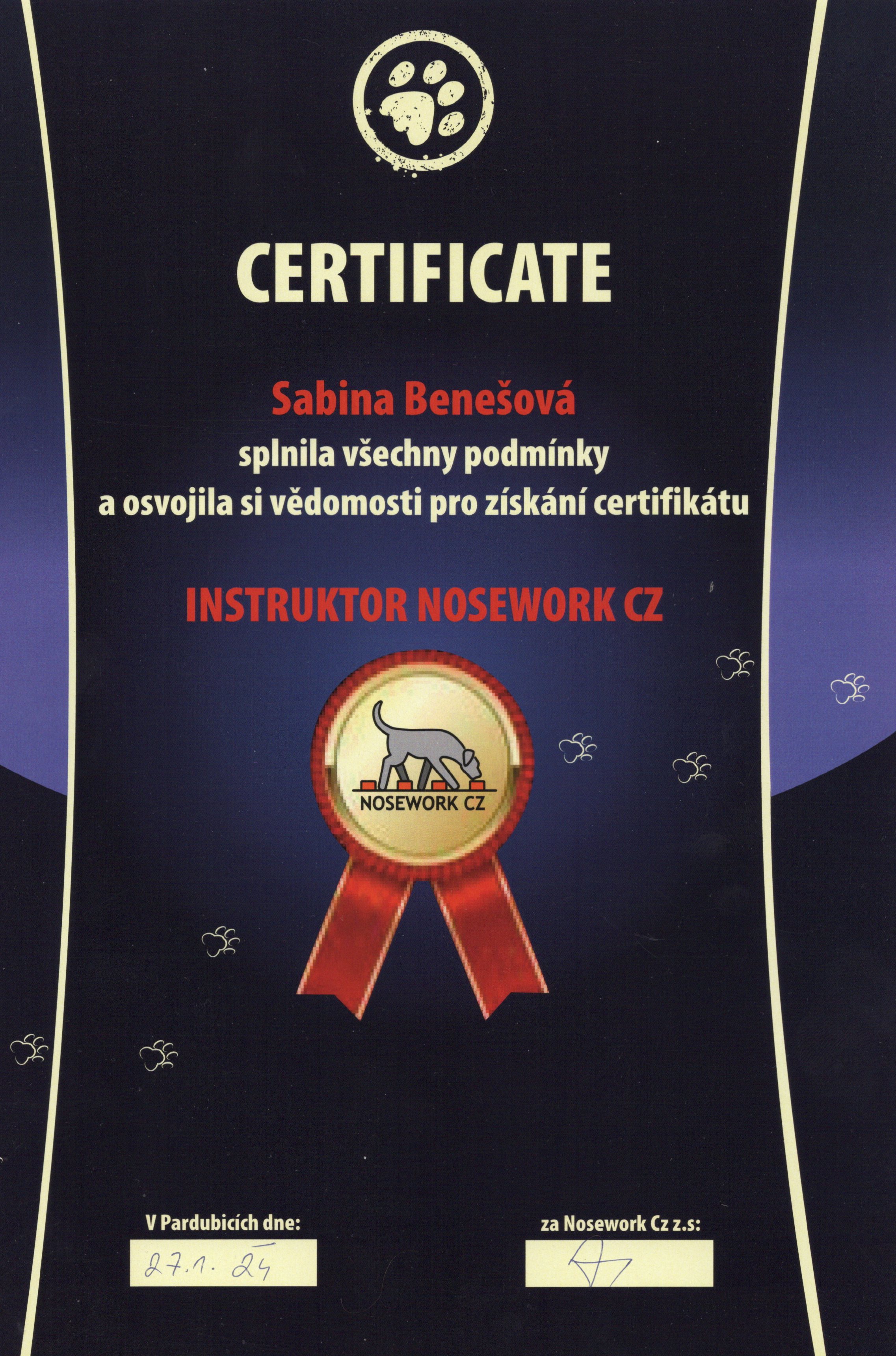 Certifikát trenéra noseworku Sabiny Benešové.